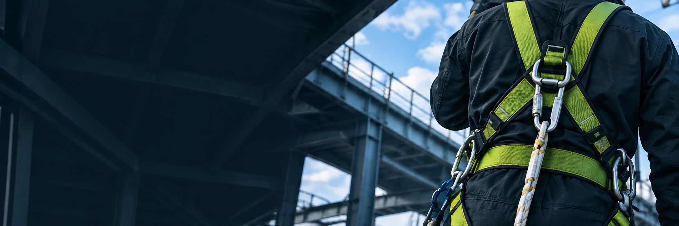 Safety harness and connector shown in an industrial work-at-height setting