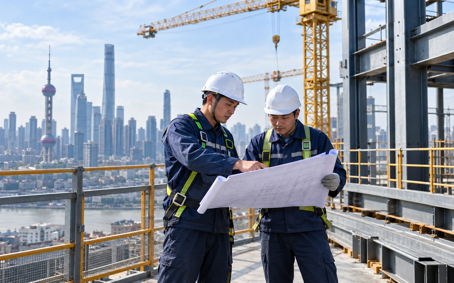 Two construction engineers reviewing plans on a guarded platform