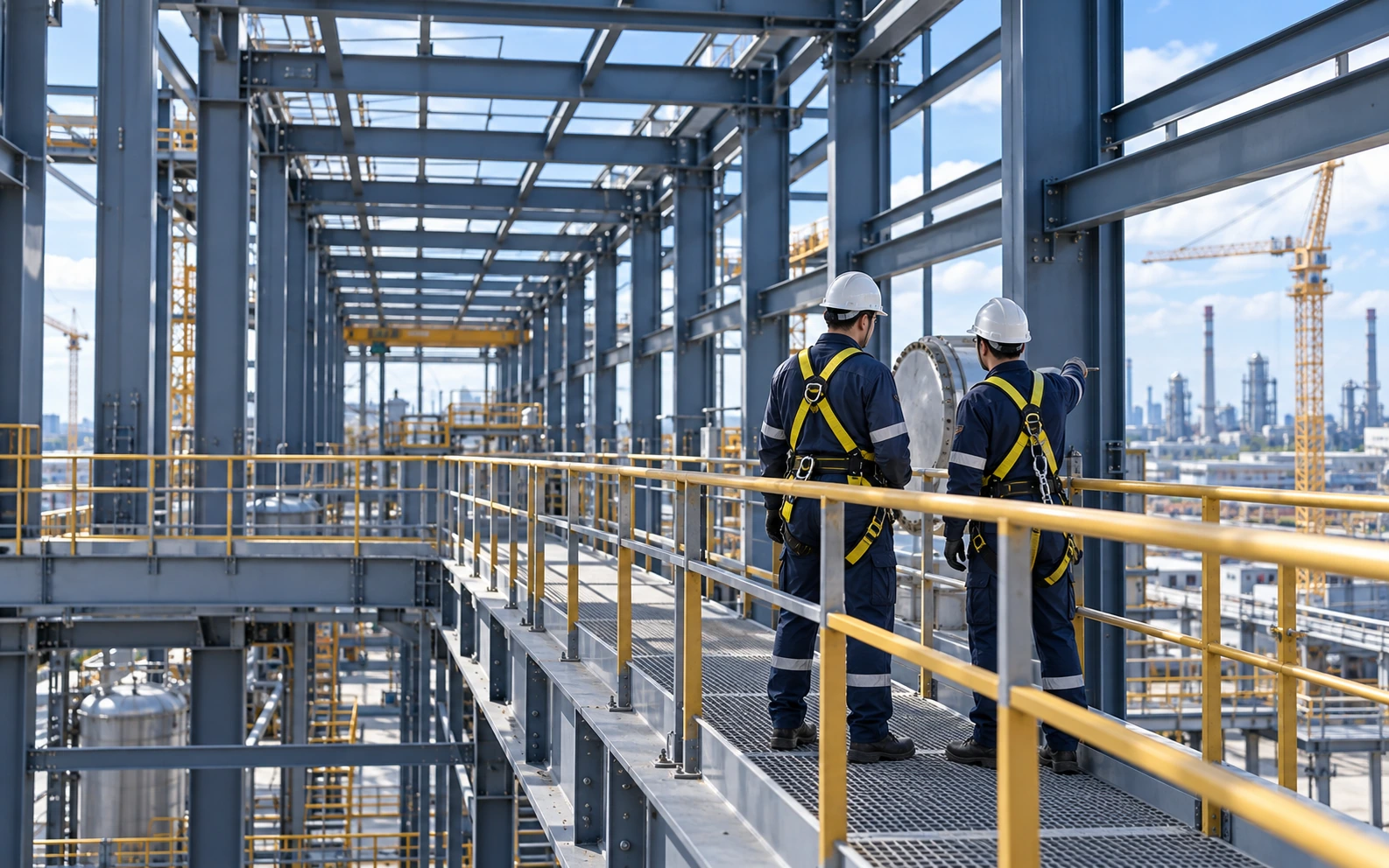Engineers wearing fall-protection equipment in an industrial facility