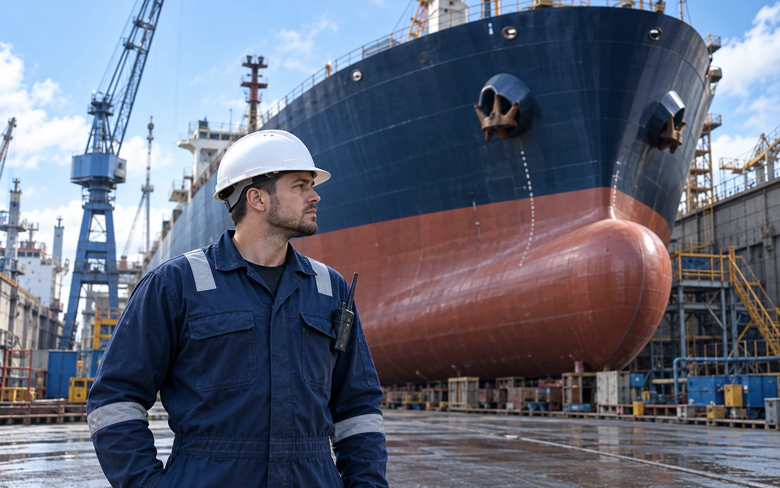 Shipyard worker beside a large vessel